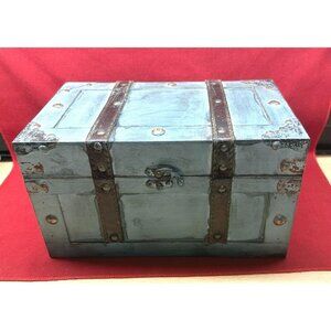 Storage Box Blue Painted Rustic Primitive Faux Leather Straps ~11"x 7"x 6-3/8" t